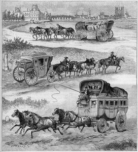 The old travel car, the 17th century travel coach, the 18th century travel coach and the diligence before the railways. Engraving in La nature from 1888