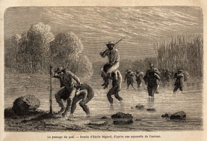 The passage of the gue, the Siriniris Indians, spontaneously propose to carry on their shoulders the members of the expedition, in order to make them cross the ponds formed at the foot of Mount Basiri (Peru). Engraving to illustrate the voyage in the valle