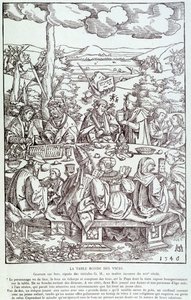 The round table of vices: play, greed, lust, pride... - Engraving 1546 by Unknown artist