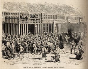The sale of sake, a bustling auction for the new beverage in the public square by Unknown artist