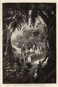 The season celebrations in Luang Prabang, royal capital of Lan Xang (kingdom of the million elephants) (present-day Laos), consisting of a procession of the inhabitants and a pagoda of worship throughout the city. Engraving to illustrate a voyage of explor
