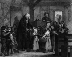 The students of a class come together to give flowers to their school teacher on his birthday. Engraving of the 19th century