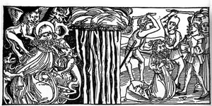 The temptations of Saint Anthony the Great, and on the right his martyrdom. Engraving from 