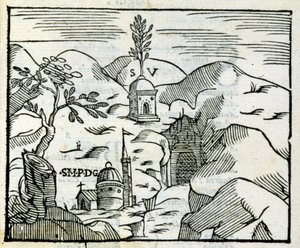 The tomb of Virgil in Pozzuoli. Xylography after a 17th century tourist guide by Unknown artist