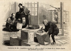 The trade of the tea: wholesale and retail shipping. Engraving to illustrate the voyage to Japan, by Aime Humbert, minister of the Swiss Confederation, in 1863-1864, published in 
