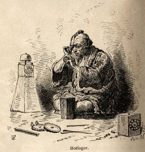 The watchmaker and sundial manufacturer, in his workshop, squatting in front of a small anvil, his tools sparpilles on the floor around him. Engraving to illustrate the journey to Japan, by Aime Humbert, minister of the Swiss Confederation, in 1863-1864, p