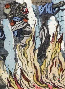 The wolf falls into the fire of the chimney. Illustration of the tale 
