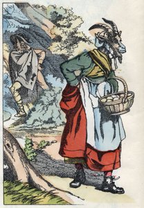 The wolf is looking for the goat leaving his home. Illustration of the tale 