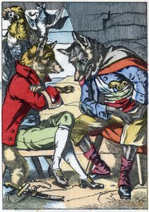 The wolf meets the fox again. Illustration of the tale 