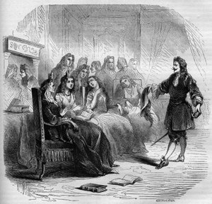The writer Georges de Scudery during a literary salon organized by his sister, Madeleine de Scudery, in 1650. Engraving from 1860-1861.