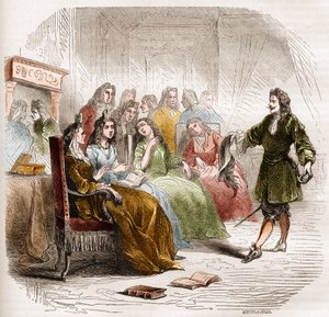The writer Georges de Scudery during a literary salon organized by his sister, Madeleine de Scudery, in 1650. Engraving from 1860-1861 by Unknown artist