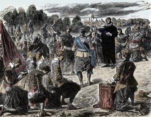 Thirty Years War: Swedes at Prayer before the Battle of Luetzen - King Gustave II Adolphe of Sweden and his troops gather for a religious celebration before the Battle of Lutzen