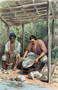Tin scrubbers in Malacca (Malaka), Malaysia. Chromolithography of the late 19th century.