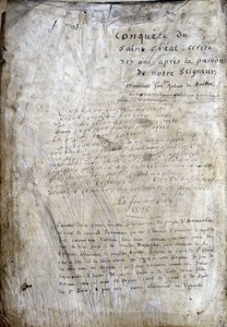 Title page of a manuscript: Conquest of the Saint Gréal, written 717 years after the passion of our lord. Bibliotheque municipale de Rennes, ms. 255 (Collection of novels of the Round Table) by Unknown artist