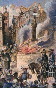 Torture of Michel Servet in Geneva, Spanish doctor and theologian - Engraving