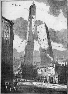 Towers of Bologna - the Asinelli tower and the smaller Garisenda tower - engraving 19th century by Unknown artist
