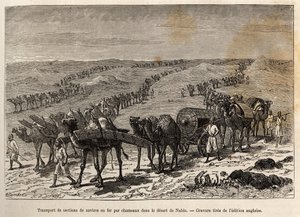 Transport of iron ship sections by camels, in the desert of Nubia (Sudan), engraving illustrating an armed expedition in Central Africa, for the suppression of the black trade