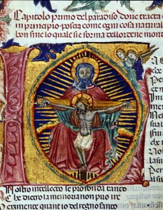 Trinity (the dove of the Holy Spirit is seen in the beard of the Father). Codex illuminated by Unknown artist