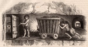 Two children pushing a trolley in an English coal mine, a third, the Trapper opens a door by Unknown
