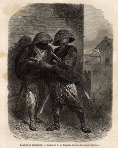 Two ronins (samurai having lost his master) standing in ambush. Engraving to illustrate the voyage to Japan, in 1863-1864, by Aime Humbert, minister of the Swiss Confederation, in Le tour du monde, nouveau journal des voyages published under the direction