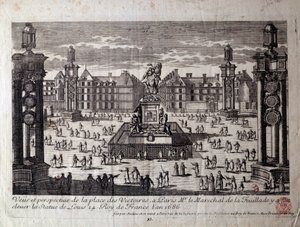 View of Place des Victoires in Paris with the statue of Louis XIV raised by the marechal de la Feuillade in 1686. Engraving of the 17th century Paris, Musee Carnavalet by Unknown artist
