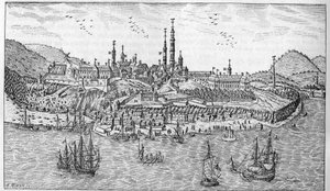 View of Quebec City in Canada (late 17th century): A. Jardin du fort. B. The fort. C. Powder store. D. Les Recollets. E. Ursulines. F. The Jesuites. G. The cathedrale. H. The seminar. I. Hotel Dieu. L. General Hospital. Mr. L