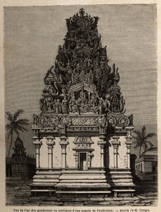 View of one of the gombrooons or porticos of a Pondichery pagoda (Pondicherry) (India). Engraving to illustrate an expedition to the pagoda of Chillambaran (Coromandel coast), from 1838 to 1844, by the counteradmiral Paris, director of the depot des cartes