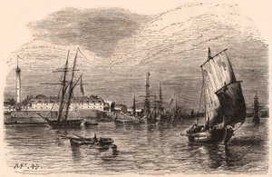 View of the Port of Lorient, Morbihan, Brittany, France: sailboats and boat in the foreground, harbor buildings and lighthouse in the background by Unknown