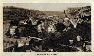 View of the city of Dinant, Wallonia, Belgium. Chromolithography of the end of the 19th century.