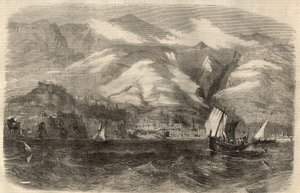 View of the city of Funchal on the island of Madeira in Portugal. Engraving in 