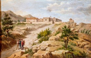 View of the house of the Italian patriot and hero of the Risorgimento Giuseppe Garibaldi with two peasants by Unknown artist