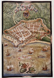 View of the port of Le Havre in 1583 - from an illuminated manuscript by Jacques Delvaux, pilot of the Navy, dedicated to Admiral de Joyeuse by Unknown artist