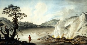 View of the solfatare, volcanic terrain emanating from hot fumes and sulphur gases. Pozzuoli near Naples. 19th century