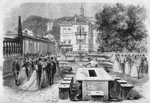 Visit of Emperor Francois-Joseph and Impress Elisabeth of Austria (Sissi) with Eugenie, Impress of the French and Napoleon III to the imperial residence of Hellbrunn in Austria on August 21 by Unknown artist