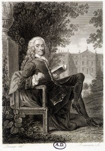 Voltaire reading in a park - engraving