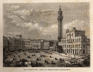 View of the town hall square of Siena, engraving to illustrate a voyage to Siena (Italy) in 1865, in 
