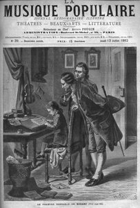 Wolfang Amadeus Mozart writing a concerto for harpsichord in the presence of his father Leopold and Andreas Schachtner in 1762 - engraving in “Popular Music” illustrated weekly newspaper - 1882 by Unknown artist