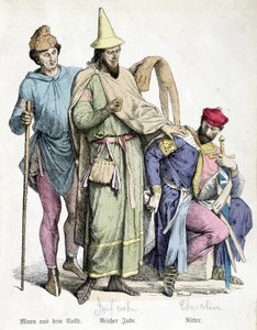 11th century costumes: The man with the stick, the rich Jew and the knight - engraving of the 19th century by Unknown artist