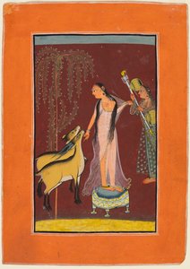 A Lady with Attendant and a Pair of Deer: Probably Gujari Ragini of Dipak, from a Pahari Ragamala by Unknown artist
