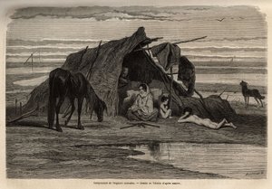 A camp of nomadic gypsies in the plains of northern Bosnia. Engraving to illustrate the memories of travel among the southern Slavs, by Georges Perrot, in 1868, published in Le tour du monde 1870-1871, edited by Edouard Charton, edition Hachette, Paris by Unknown artist