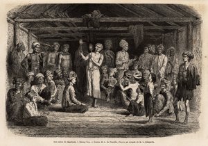 A concert of singers, a Muong Lim (Laos), vivid music and rhythm sung by a soloist and repeated in chorus during each chorus, all wear the traditional hairstyle of the Mou Tsu, who wear long hair, braids under their turban. Engraving to illustrate a voyage by Unknown artist