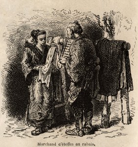 A discount cloth dealer makes the article to a young woman carrying her toddler on her back. Engraving to illustrate the journey to Japan, by Aime Humbert, minister of the Swiss Confederation, in 1863-1864, published in 