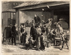 A lively scene of a street in Edo (Tokyo), with a traveling juggler in front of a fish deli, and a cheap cloth salesman. Engraving to illustrate the journey to Japan, by Aime Humbert, minister of the Swiss Confederation, in 1863-1864, published in Le tour  by Unknown artist