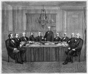 A meeting of the Council of Ministers in Versailles. From left to right: Louis Buffet, Minister of the Interior; Leon Say, Minister of Finance; Henri Wallon, Minister of Public Instruction, Worship and Fine Arts; Alfred  by Unknown artist