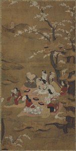 A Picnic Party: Eight People Seated Under Blossoming Trees by Unknown artist