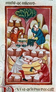 A trader using a scale, a blacksmith striking on an anvil, two workers working on a boat in a shipyard by Unknown artist