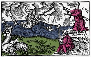 A witch causes a storm after Historia de gentis septentrionalibus by Olaus Magnus, Rome 1555 by Unknown artist