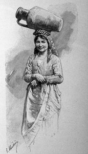 A young Sicilian woman carrying a jug on her head.