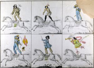 Aerobatic: Acrobatic exercises on horseback. Engraving