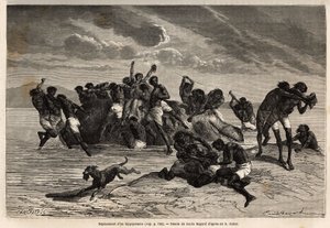 After having taken its share and the share attributed to the leader of the Hamran tribe, the crowd is brutally fighting over the remaining pieces. Engraving to illustrate the exploration of the Abyssinian tributaries of the Nile, by Sir Samuel W. Baker, in by Unknown artist